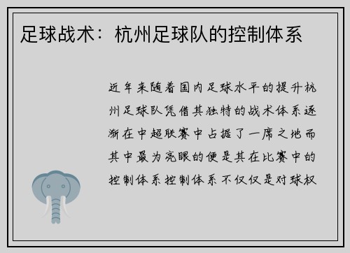 足球战术：杭州足球队的控制体系