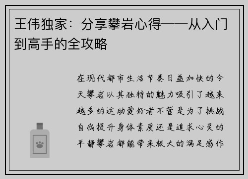 王伟独家：分享攀岩心得——从入门到高手的全攻略