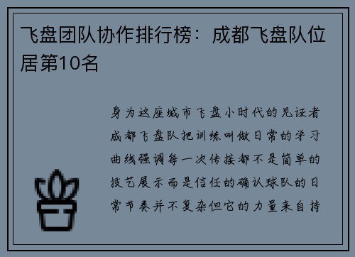 飞盘团队协作排行榜：成都飞盘队位居第10名