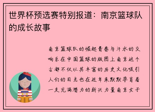 世界杯预选赛特别报道：南京篮球队的成长故事